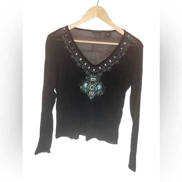 New York & Company Black Mesh Turquoise VTG Y2K Blouse - Picture 7 of 7